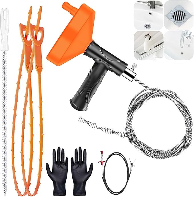 33 Feet Drain Snake Auger, Plumbing Snake Drain Hair Clog Removal Tool, Heavy Duty Toilet Snake Auger, Sink Unclogger Drain Cleaner Tool for Bathroom Kitchen Tub Shower Drain Clog Remover with Gloves