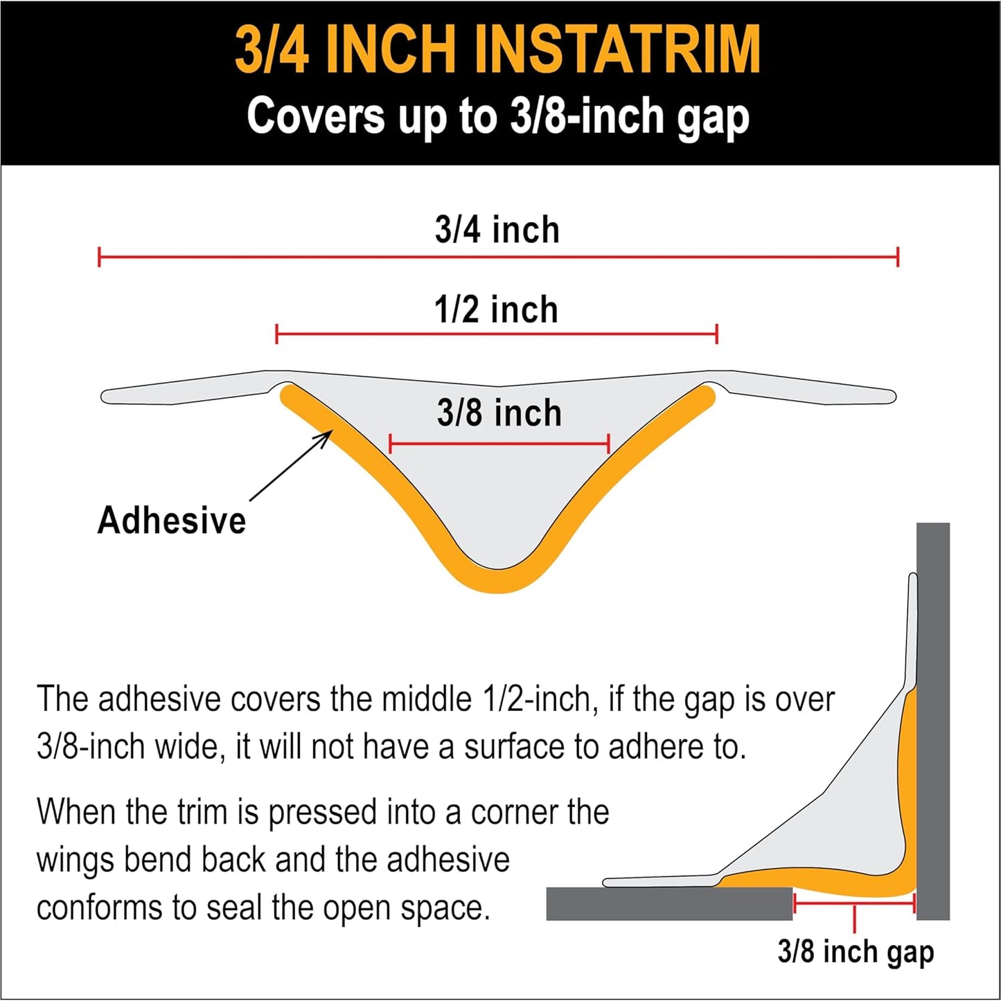 InstaTrim The Original Flexible Trim -10ft Black 3/4" Wide Caulk Tape - Adhesive Trim with Many Uses Including Caulking for Bathtubs, Sinks, Counters, Tile, Floors - Made in USA