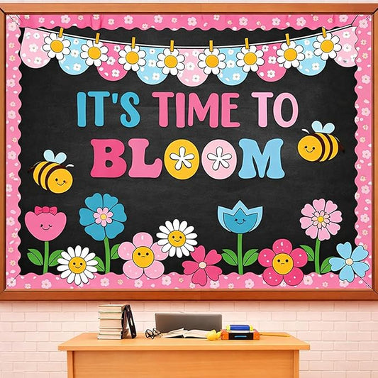 81 Pcs Spring Classroom Bulletin Board Decorations It's Time to Bloom Bulletin Board Colorful Flower Cutouts Classroom Wall Decor for Spring Elementary School Teacher Chalkboard Supplies