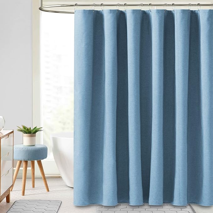 BTTN 78 Inch Long Shower Curtain - Blue Linen Textured Thick Weighted Fabric Shower Curtain Set with 12 Hooks, Tall Neutral Waterproof Polyester Shower Curtains for Bathroom - 72x78 - Moonlight Blue