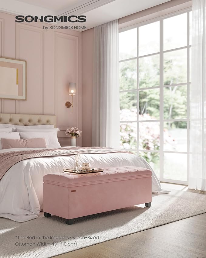 SONGMICS Velvet Storage Ottoman Bench, Foot Rest with Legs, 15.7 x 43 x 15.7 Inches, End of Bed Bench, Storage Chest, Load up to 660 lb, for Living Room, Bedroom, Entryway, Jelly Pink ULSF089R01