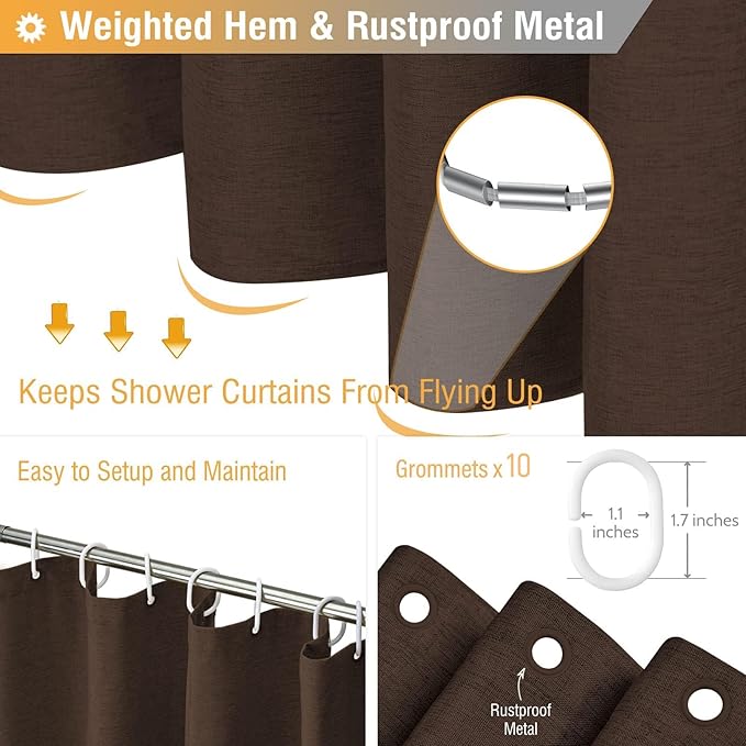BTTN Fabric Shower Curtain, Linen Textured Heavy Duty Polyester Cloth Shower Curtain Set with Plastic Hooks, Brown, 54x78