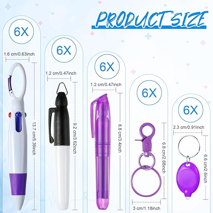 Chinco 30 Pcs Retractable Shuttle Pen Clip with Mini Highlighter Nurse Badge Pen Neon Marker LED Keychain Ring Clip