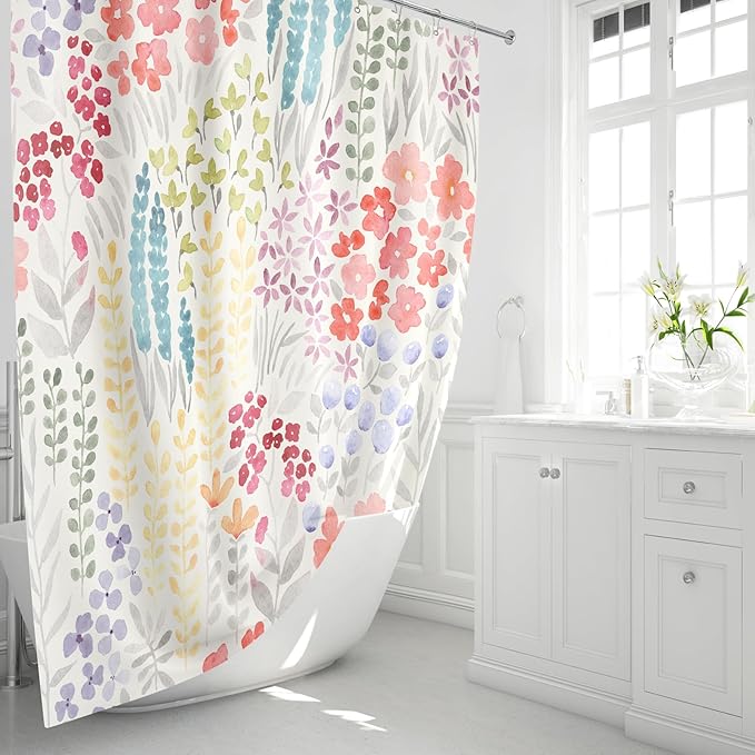 Small Stall Shower Curtain 36 x 72 Inch, Half Narrow Dorm Cute Floral Shower Curtain for Bathroom, Colorful Wildflower Boho Cottagecore Fabric Shower Curtain Set with Hooks, Ivory