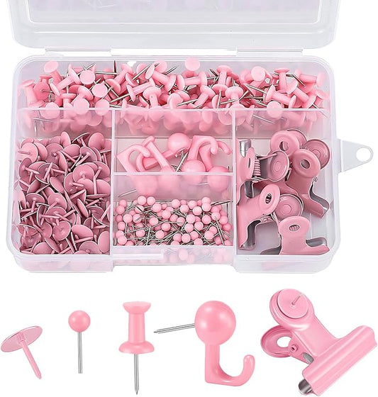 310 Pcs Push Pins Set, Pink Thumb Tacks Decorative Push Pins for Cork Board with Hook Pushpin Clip 5 Style Office Accessories for Cork Board Map Office (Pink)
