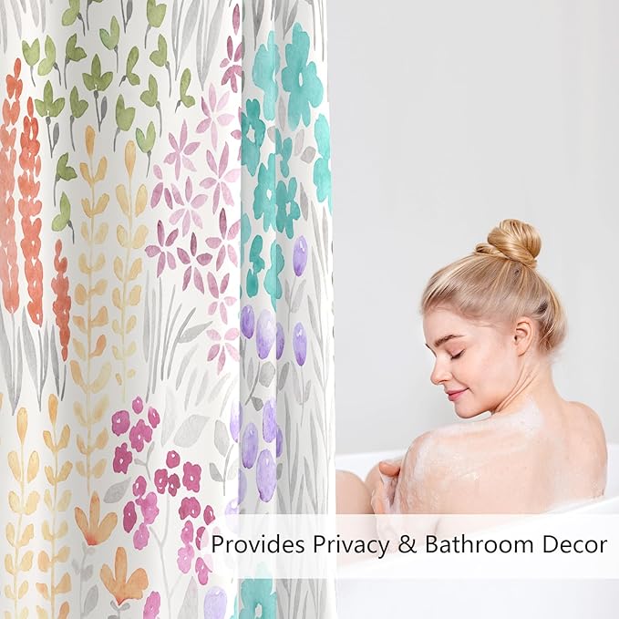 Long Shower Curtain 72 x 78 Inch, Teal Blue Tall Cute Floral Shower Curtain for Bathroom, Turquoise Wildflower Boho Cottagecore Fabric Shower Curtain Set with Hooks