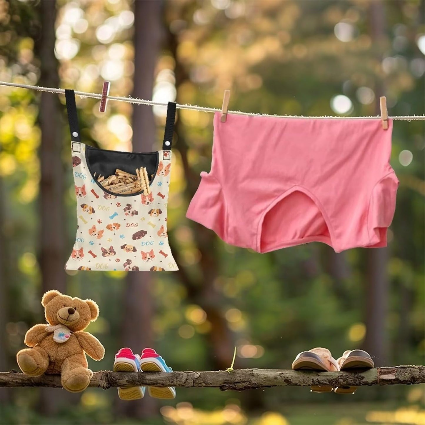 Clothes Pin Hanging Bag with Hanging Rope 14.5 X 12 Inch Clothespin Bag for Clothes Pins and Clothespins Heavy Duty Outdoor Use - Dog