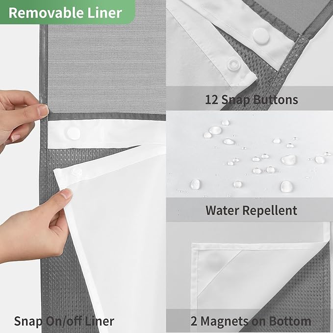 No Hook Waffle Weave Shower Curtain with Snap-in Fabric Liner Set,Grey Shower Curtains for Bathroom with See Through Top Window,Water Repellent & Washable,71Wx74H,Gray