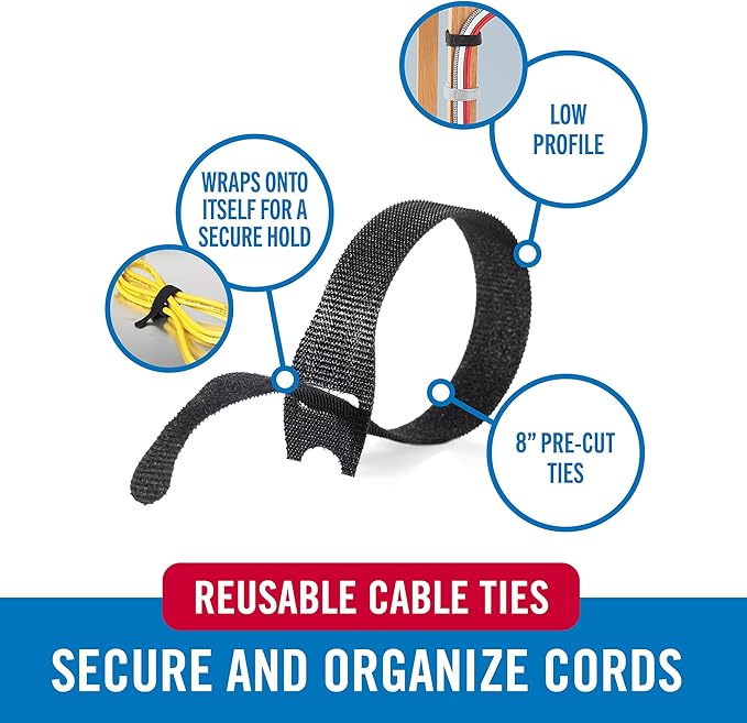 VELCRO Brand Cable Ties, 100Pk - 8 x 1/2" Red and Black, Reusable Alternative to Zip Ties, ONE-WRAP Thin Pre-Cut Cord Organization Straps, Wire Management for Office or Home, VEL-30200-AMS, Black/Red