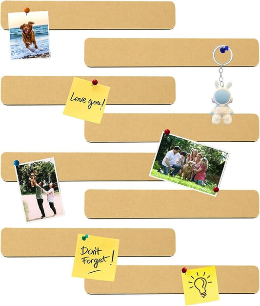 8Pcs Rectangle Felt Cork Board Bar Strips with 35 Pushpins, Self-Adhesive Bulletin Board Strips for Office School Home Wall Decor Stickers Memos Schedules Photos Display -Deep Camel