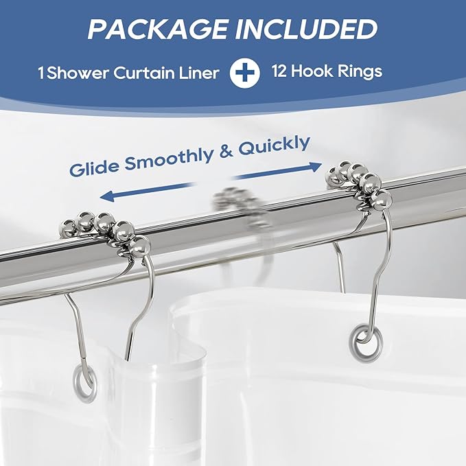 downluxe Clear Shower Curtain Liner with Hooks, PEVA Plastic Shower Liner, 72" W x 72" L Waterproof Lightweight Bathroom Curtain(12 Hooks, 1PC)