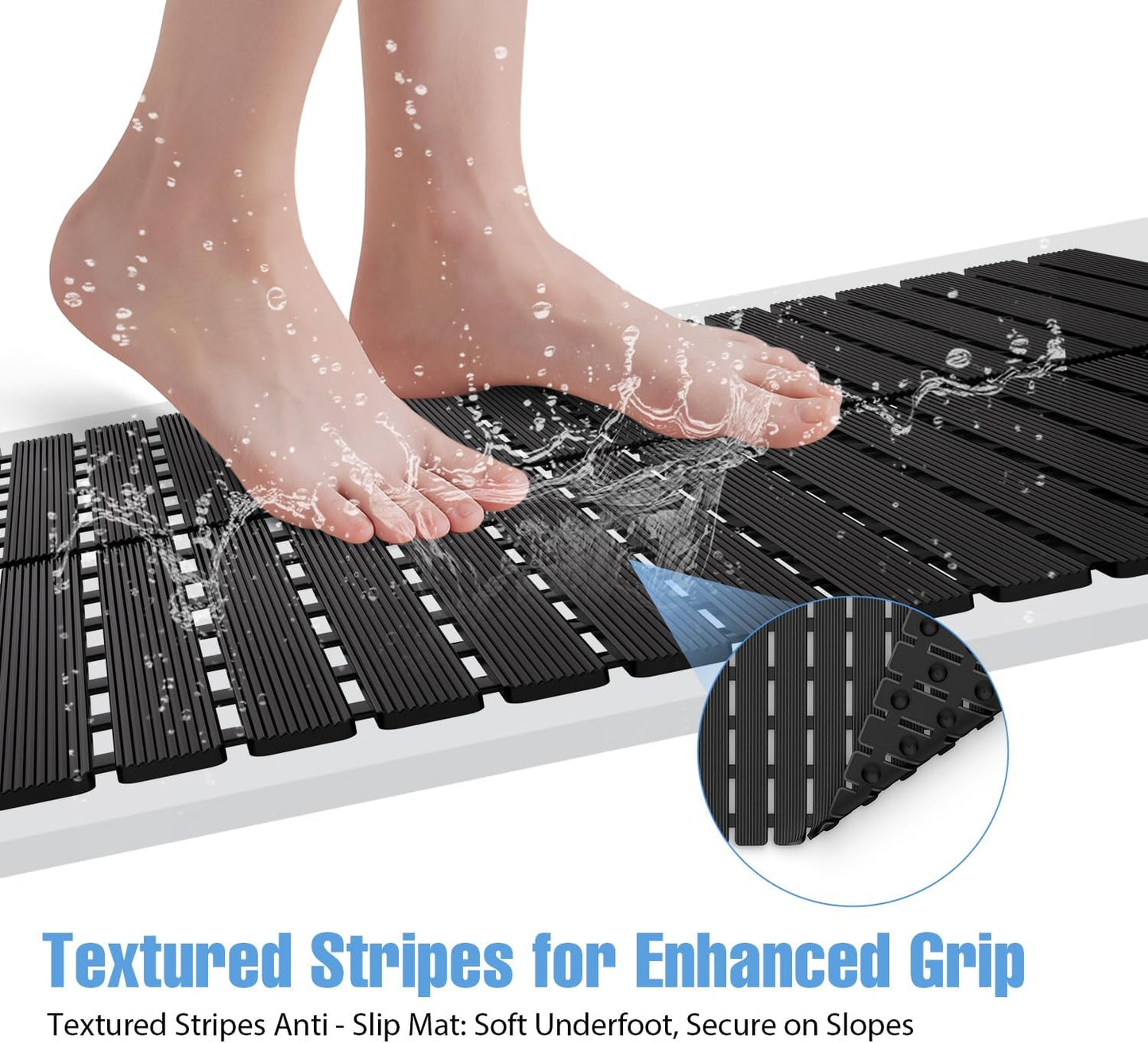 Shower Mat Non-Slip Bath Mat for Tub Floor & Stall with 200+ Suction Cups & Drain Holes, Quick Dry Machine Washable Bathtub Mat, Safe for Elderly& Baby, Bathroom Essentials 24x24 Inch (Black)