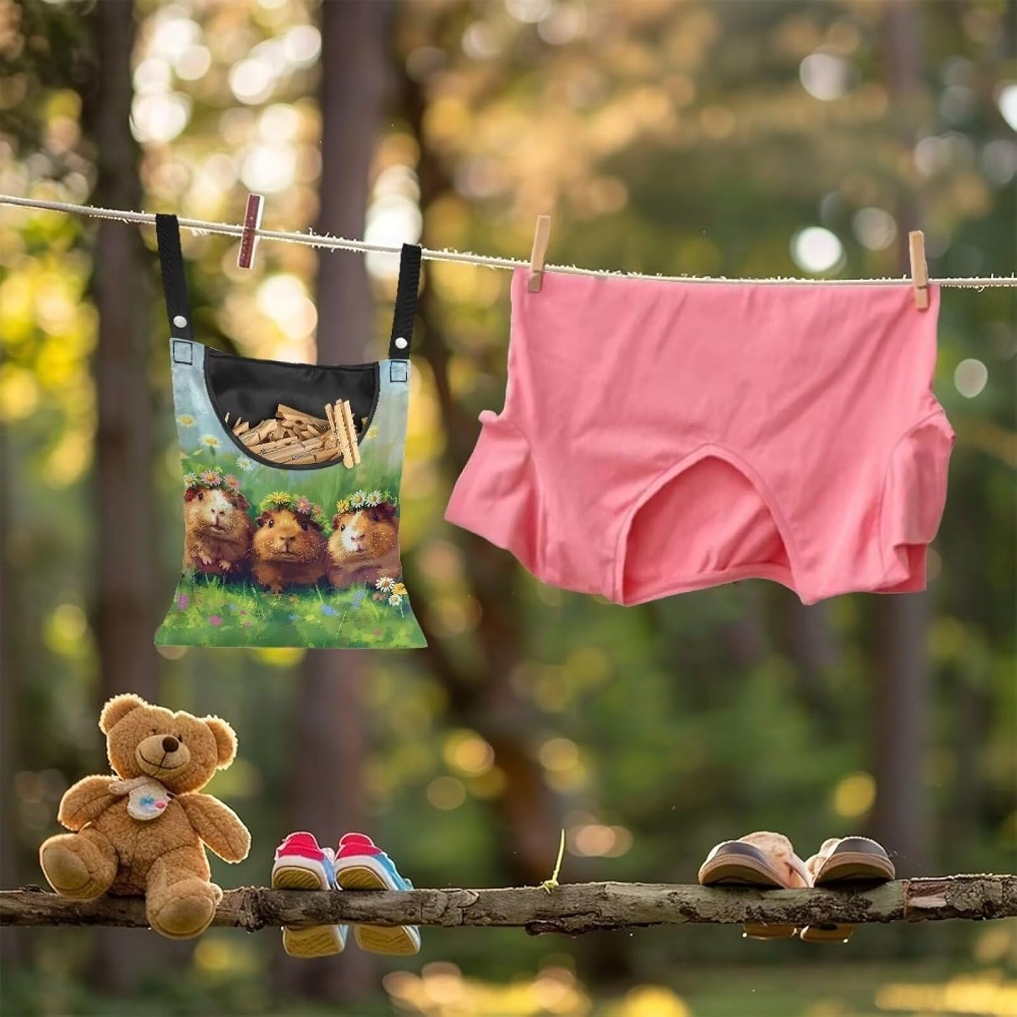 Guinea Pig Clothespin Bag Space-Saving Laundry Hanging Storage Organizer Clothes Pin Hanging Bag with Rope Holds 100 Clothes Pins for Clothesline Outdoor Portable Clothespin Storage