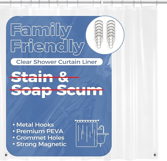 downluxe Clear Shower Curtain Liner with Hooks, PEVA Plastic Shower Liner, 72" W x 72" L Waterproof Lightweight Bathroom Curtain(12 Hooks, 1PC)
