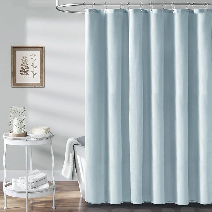 BTTN Extra Long Shower Curtain, 72x84 Inches Long Linen Textured Heavy Duty Fabric Shower Curtain Set with 12 Plastic Hooks, Tall Luxury Simple Waterproof Cloth Shower Curtains for Bathroom - Fog Blue