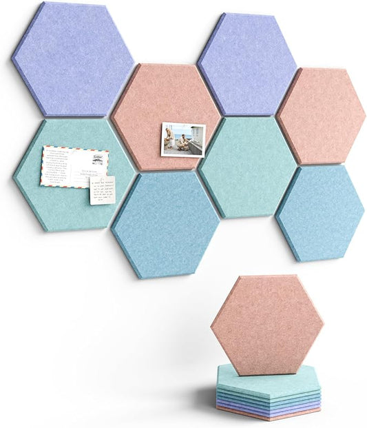 Fluxynara Hexagon Cork Board Alternative for Walls Decor-8-Pack Felt Bulletin Board Tiles,with 30 Pushpins,50 Adhesive Tabs for Office& Home Pin Board Felt Board-Coastal Haze