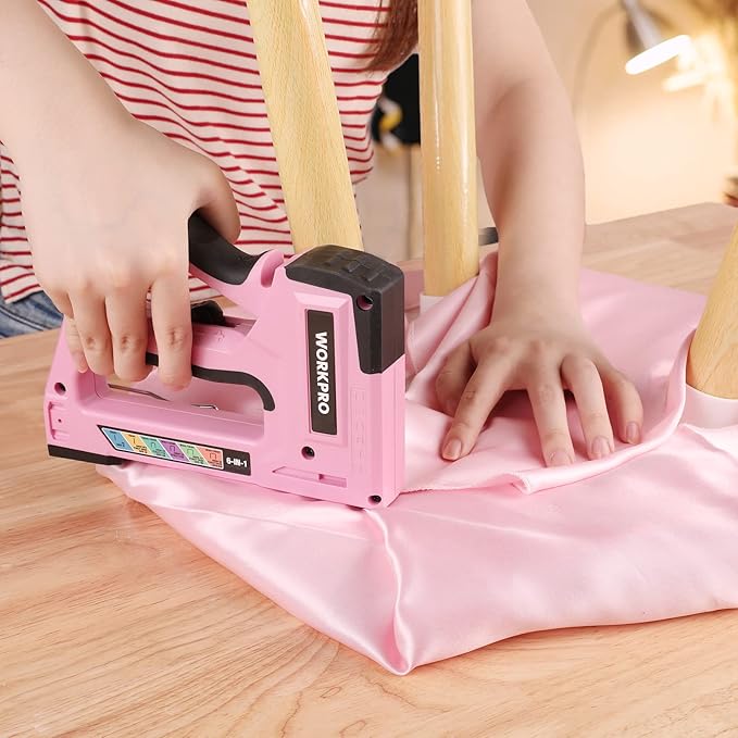 WORKPRO Pink Staple Gun, 6-in-1 Manual Brad Nailer with 4000-Pieces Staples for Fixing Material, Carpentry, Upholstery, Furniture and DIY - Pink Ribbon