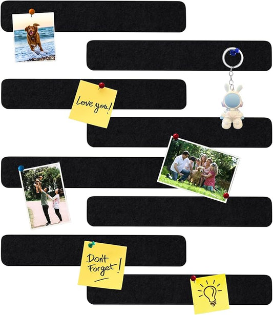 8Pcs Rectangle Felt Cork Board Bar Strips with 35 Pushpins, Self-Adhesive Bulletin Board Strips for Office School Home Wall Decor Stickers Memos Schedules Photos Display -Black