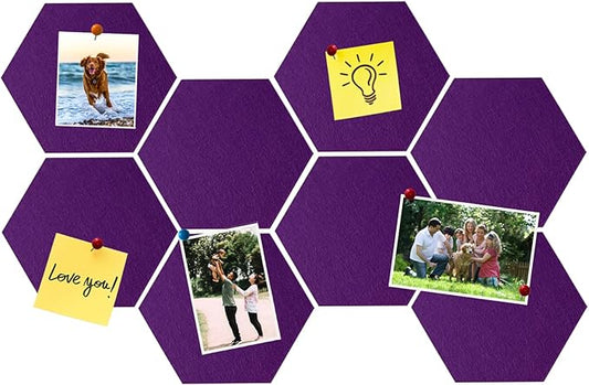 8 Pcs Hexagon Felt Cork Bulletin Board Tiles, Self Adhesive DIY Bulletin Board Pin Board for Office School Home Wall Decor Memos Photos Display(Purple)