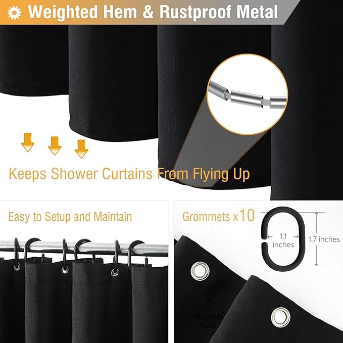 BTTN Stall Fabric Shower Curtain - 54x72 Inch Long Linen Textured Heavy Duty Cloth Shower Curtain Set with 10 Plastic Hooks, Hotel Spa Weighted Waterproof Neutral Bath Curtains for Bathroom - Black