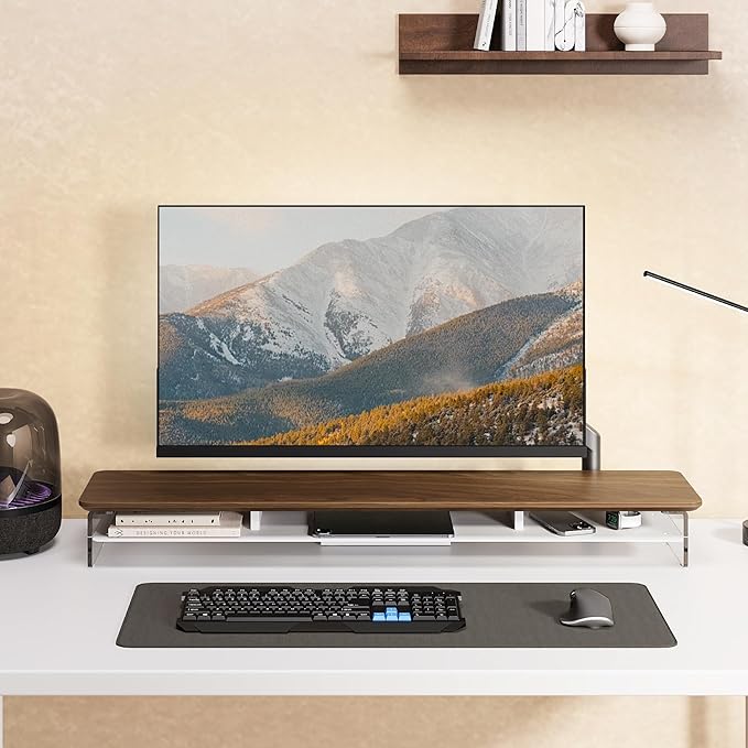 Fenge Acrylic Monitor Stand Riser, 42.5 Inches Dual Monitor Stand with Metal Storage, 2 Tier Acrylic Computer Riser for Desk, Clear Laptop Stand for PC, Laptop, Printer, TV, Brown