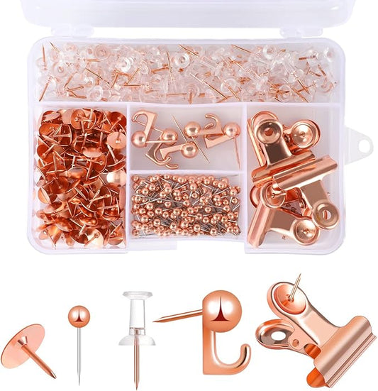 310 Pcs Rose Gold Push Pins Set, Thumb Tacks Decorative Push Pins for Cork Board with Push Pin Hook Pushpin Clip 5 Style Office Accessories for Cork Board Map Office (Rose Gold)