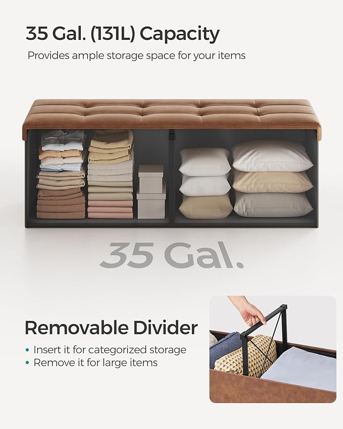 SONGMICS MAZIE Collection - 43 Inches Storage Ottoman Bench with Flipping Lid, Storage Chest with Iron Frame Support, Load 660 lb, for Living Room, Bedroom, Synthetic Leather, Coffee Brown ULSF075K01