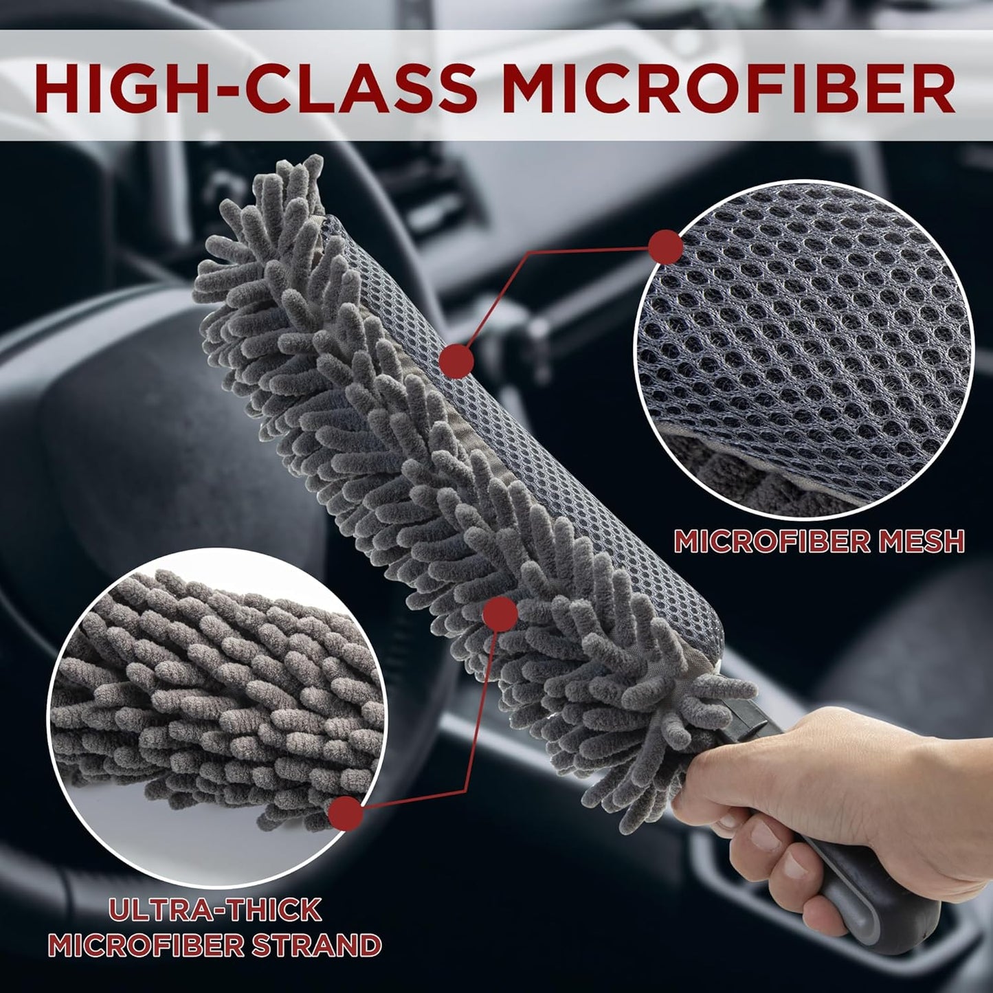 TAKAVU Car Duster Interior - Double-Sided Microfiber with Comfort Handle - Lint & Scratch-Free Cleaning for Cars, Trucks, RVs (Includes Towel & Storage Bag)