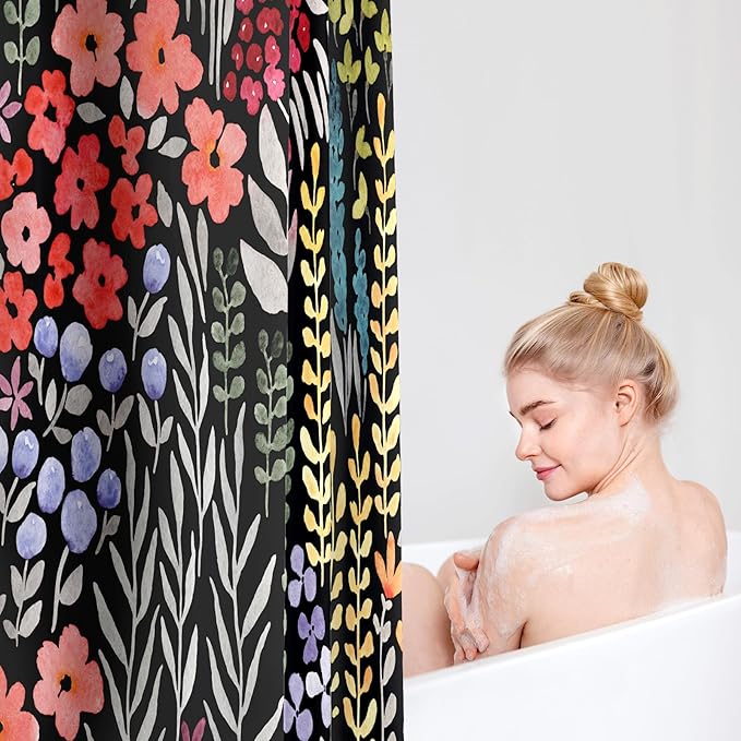 Extra Long Shower Curtain 72 x 84 Inch, Tall Cute Floral Shower Curtain for Bathroom, Colorful Wildflower Boho Cottagecore Fabric Shower Curtain Set with Hooks, Black