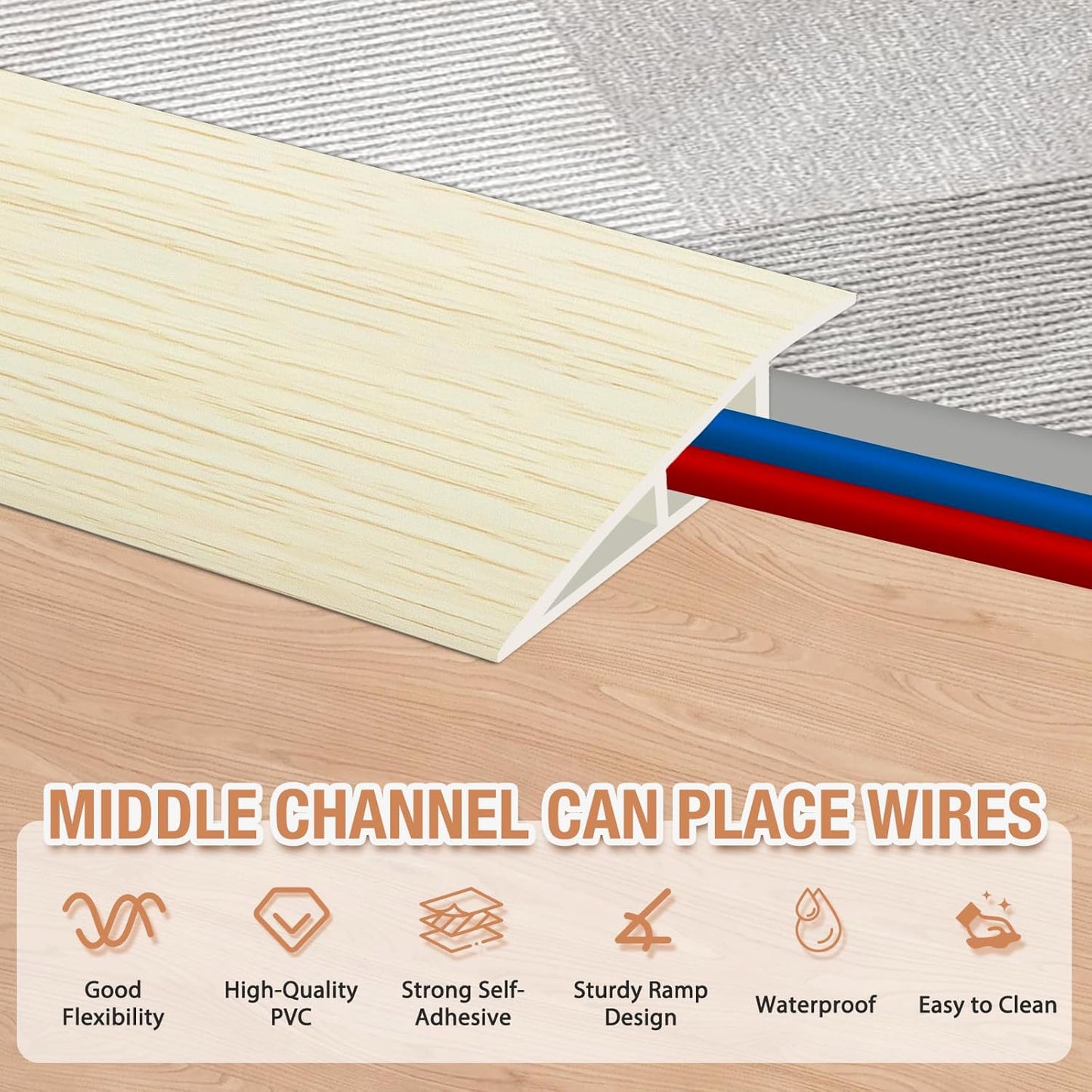 Floor Transition Strip Self Adhesive Vinyl Door Threshold for Doorways Carpet Edging Trim Overlap Edge Reducer for Laminate Floor, Carpet, Tile (Beige Wood Grain, 1/5" to 2/5", 10Ft)