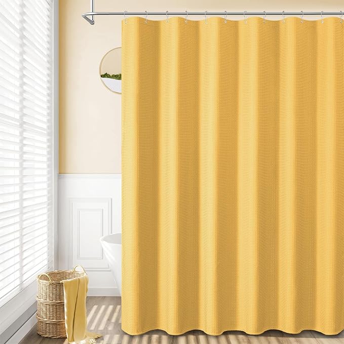 Dynamene Long Fabric Shower Curtain - 78 inch Long Waffle Weave Weighted Cloth Shower Curtains for Bathroom, Neutral Heavy Duty Hotel Spa Luxury Bath Curtain Set with 12 Hooks, 72x78, Gold