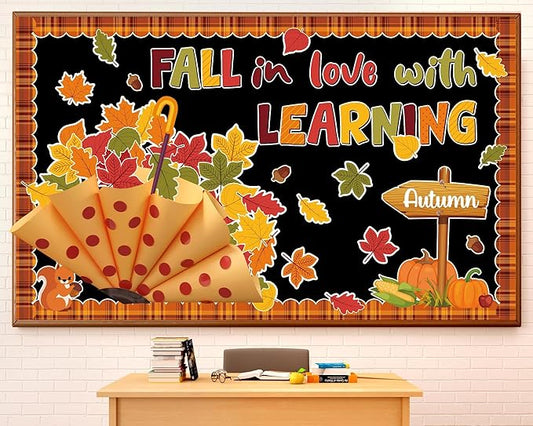 3D Fall Bulletin Board Set Autumn Classroom Decorations Umbrella Cutouts Fall in Love with Learning Paper Cutouts 101Pcs for Thanksgiving School Chalkboard Home Wall Door Teacher Supplies