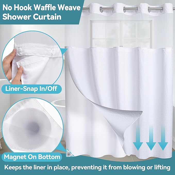 Conbo Mio No Hook Waffle Weave Shower Curtain with Snap in Liner Set, Hotel Luxury White Shower Curtains for Bathroom with See Through Top Window, Waterproof, Washable 71W x 74H