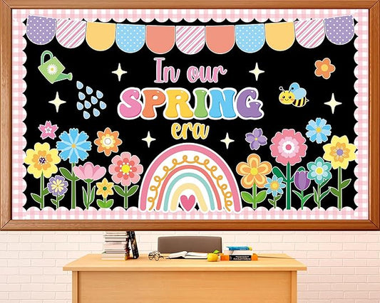 Spring Bulletin Board Decoration Set Floral Classroom Decoration Flowers Rainbow Bee Paper Cutouts in Our Spring Era Bulletin Board for School Office Home Nursery Chalkboard Wall Decor Party Supplies