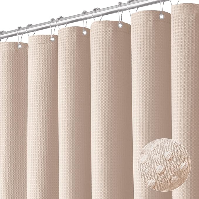 Dynamene Blush Pink Fabric Shower Curtain - Waffle Weave Textured Heavy Duty Cloth Shower Curtains for Bathroom, 256GSM Hotel Luxury Weighted Bath Curtain Set with 12 Hooks,72x72, Blush Pink