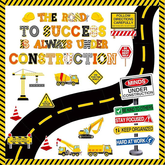 Honoson 71 Pcs Construction Bulletin Board Decorations Road to Success Bulletin Boards Construction Inspirational Classroom Decors for Library Classroom Positive Chalkboard Wall Decor(Road)