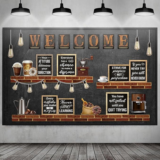 Qilery Coffee Motivational Bulletin Board Set Industrial Inspirational Welcome Classroom Decoration Positive Bulletin Board Cutout Classroom Decoration for Back to School Educational Material
