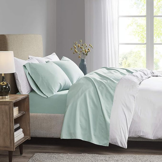 Madison Park 3M Microcell Bed Sheet Set Color Fast, Wrinkle and Stain Resistant, Soft Sheets with 16" Deep Pocket All Season, Cozy Bedding-Set, Matching Pillow Case, Queen, Seafoam, 4 Piece