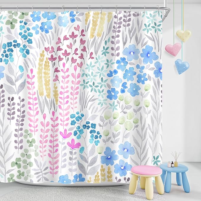 Blue Floral Shower Curtain, Pink Yellow Boho Flower Fabric Shower Curtains, Cute Funky Watercolor Wildflower Shower Curtain Set, Cottagecore Bohemian Bathroom Decor, 72x72