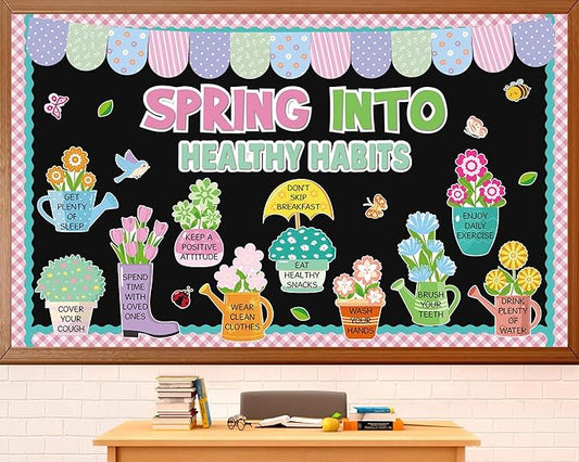 Spring Bulletin Board Decorations Set Spring Into Healthy Habit Bulletin Board Decorations Flowers Birds Butterflies Classroom Paper Cutouts for Shcool Classroom Chalkboard Wall Door Decor