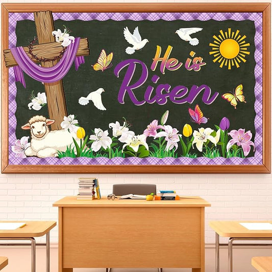 Pajean Easter Bulletin Boards Easter Classroom Decor Christian Religious Bulletin Board He is Risen Cross Bunny Egg Cutouts for Spring School Home Church Wall Door(Cross)