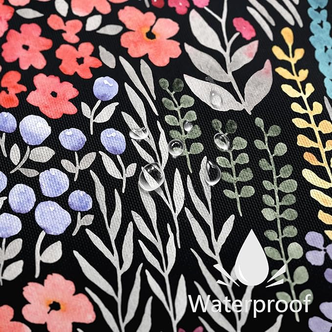 Colorful Floral Shower Curtain, Cute Boho Flower Fabric, Funky Watercolor Wildflower Shower Curtain Set, Cottagecore Bohemian Bathroom Decor, Black, 72x72
