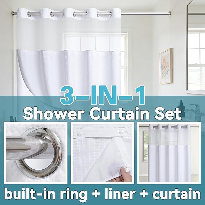 Extra Wide No Hook Waffle Weave Shower Curtain with Snap in Liner Set, 108" x 74" Hotel Luxury White Shower Curtains for Bathroom with See Through Top Window, Waterproof, Washable 108W x 74H