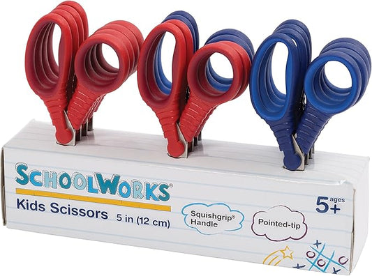 Fiskars Schoolworks 5" Scissors for Kids Ages 4-7, 12 count, Pointed-Tip Scissors for Kids, Back to School Supplies, Red and Blue (Pack of 6)
