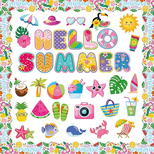 73 Pcs Hello Summer Cutouts for Bulletin Board Decorations - Hawaiian Tropical Paper CutOuts Summer Pool Beach Bulletin Board Border Wall Decals for Kids Teacher Supplies Classroom School Kindergarten