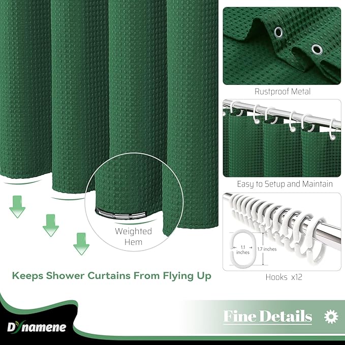 Dynamene Extra Long Shower Curtain - 84 Inch Long Waffle Weave Heavy Duty Fabric Bathroom Shower Curtain, Neutral Weighted Hotel Thick Bath Curtain Set with 12 Plastic Hooks,72x84, Dark Green