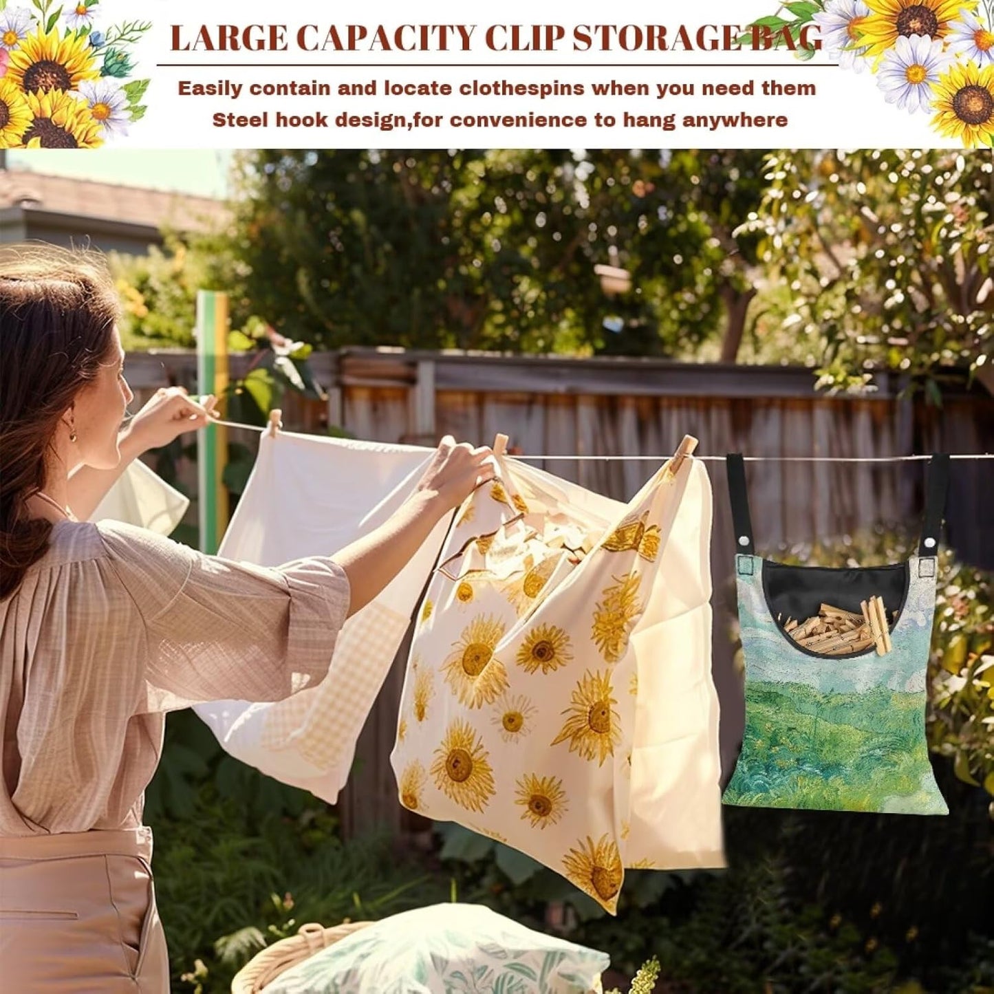 Green Wheat Field Print Windproof Clothespin Holder Bag for Outdoor Use - Durable Storage Organizer with Secure Closure - Hanging Clothes Pin Bag for Laundry & Drying Lines