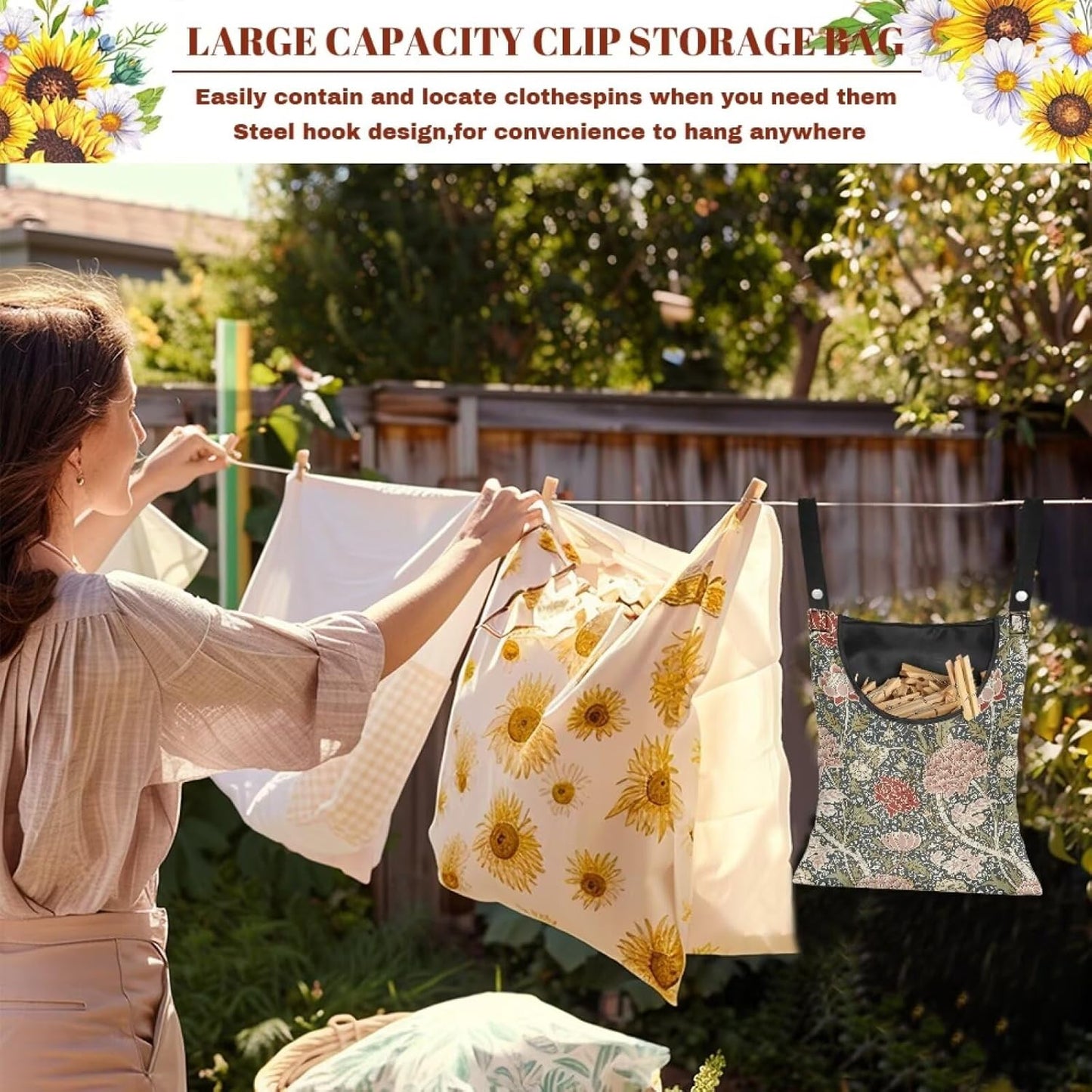Home Clothespin Organizer 14.5"x12" - Spacious Interior with Wide Mouth Opening - Durable Hanging Storage Solution for Busy Households & Laundry Facilities Hydrangea Tree Branch Print