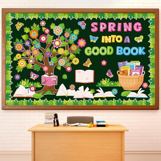 Epakh Spring Flower Reading Tree Bulletin Board Set Spring Into a Good Book Classroom Decorations Butterfly Floral Accent Paper Cutouts for March Library Door Wall Decor Birthday Party Supplies