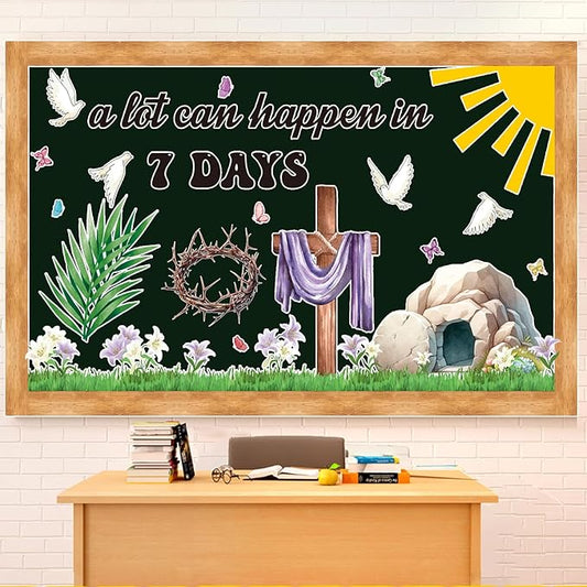 Easter Religious Bulletin Board Decorations Set with Borders Jesus Classroom Decor for Teachers A Lot Can Happen in 7 Days Bulletin Board for Class Sunday School Classroom Bulletin Board Decoration